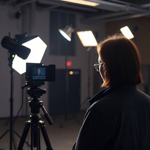 Stillbilde fra et intervju under en bedriftsvideoproduksjon, med en person som snakker foran kamera med profesjonell lyssetting.